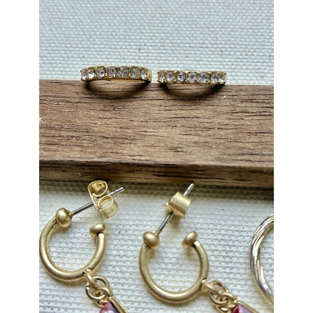 Y2K Gold Tone Earrings Lot Faux Pearl Pink Crystal Hoops Coquette 5 Pairs VTG